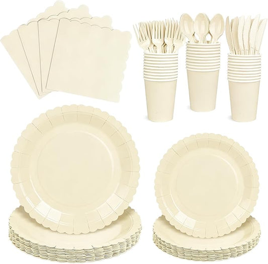 175 PCS Ivory Paper Plates and Napkins Tableware Set, Ivory Party Supplies for 25 Guests Include Scalloped Plate Paper Napkins Cups Knife Fork Spoon for Baby Shower, Birthday, Wedding