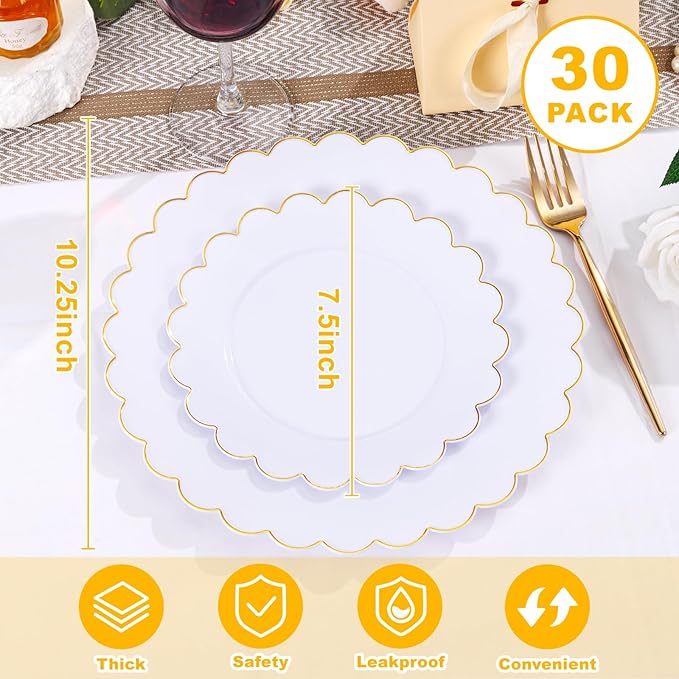 LIYH 60 Pcs Gold White Plastic Plates Scalloped Disposable Combo Includes 30 Dessert & 30 Dinner Plates for Monthers Day Birthday Wedding Party