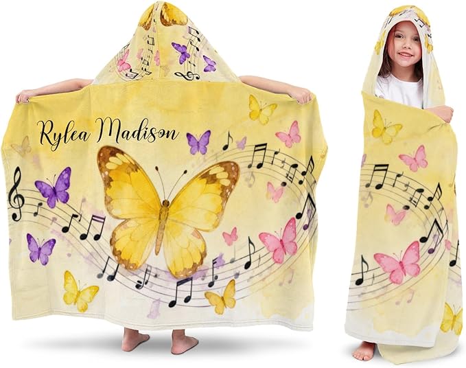 Yellow Butterfly Music Personalized Hooded Towel Absorbent Wrap Soft Pool Beach Bath Towels Hood Poncho for 5-12 Years Kids Boys Girls