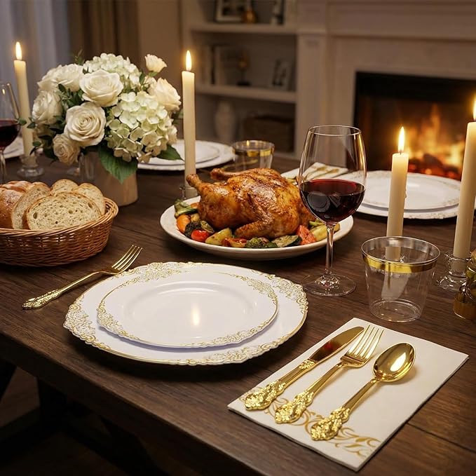 Gold Plastic Dinnerware Sets for 25 Guests - Gold Plastic Plates - 50 Disposable Plates, 75 Silverware, 25 Cups, 25 Napkins for Wedding & Party