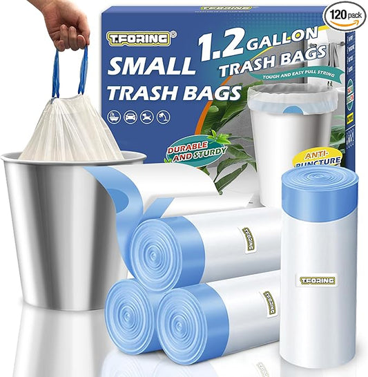 1.2 Gallon Mini Trash Bags Drawstring - 120 Count Thick Small Garbage Bags Unscented,White Trash Can Liners Strong Little Waste Basket Bags 4.5 Liter for Home Bathroom Office Car