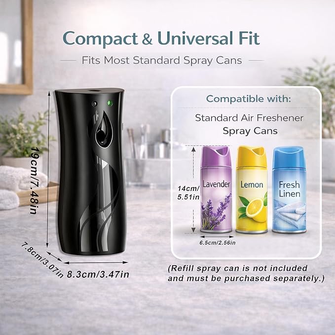 Automatic Air Freshener Dispenser, Wall Mounted or Free Standing Spray Machine, Adjustable Timer, Battery Operated, Compatible with Most Standard Spray Cans for Bathroom, Office & Home (Black)