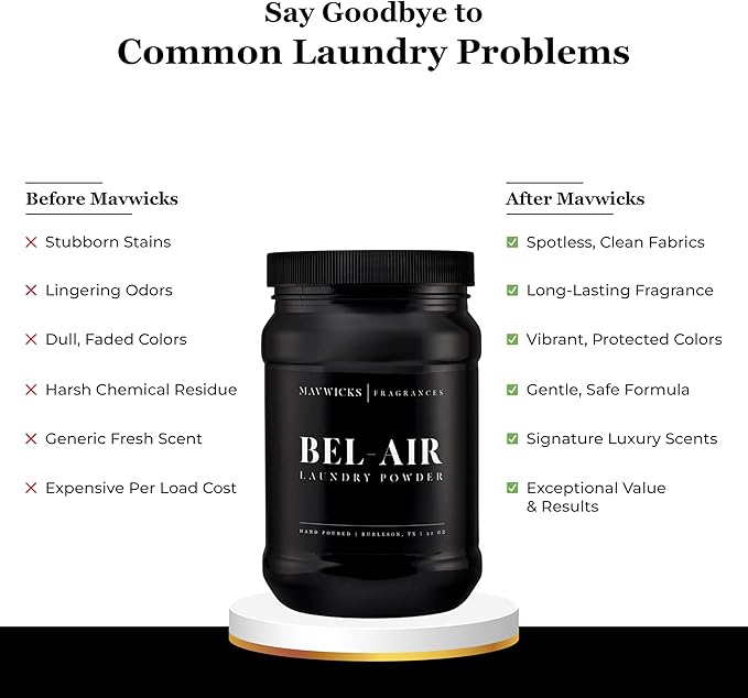 Mavwicks - Luxury Laundry Detergent Powder (Bel-Aire) 32 Oz – Concentrated for Tough Stains and Odors, For All Washing machine types – Gentle on Fabrics
