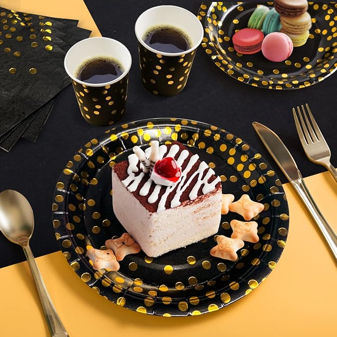 HOMIX Black and Gold Party Supplies 175 Pieces Disposable Black Paper Plates Napkins Cups, Gold Plastic Forks Knives Spoons for Graduation, Birthday, Cocktail Party Serves 25