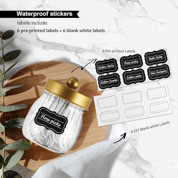 Farmhouse Decor Apothecary Jar Set, Mason Jar Bathroom Vanity Storage Organizer Canister-Qtip Holder Plastic Acrylic Jar for Cotton Swabs, Cotton Pad, Floss Pick, Paper Clips, Hair Clip (4 Pack, Gold)