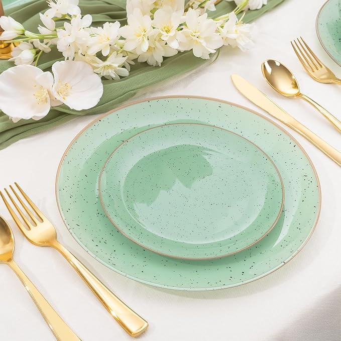 Liacere 32PCS Green Plastic Plates - Green Stone Plastic Disposable Tableware Plates Modern Dinnerware Set - Wedding & Warm Winter & Party & St. Patrick's Day & Easter Day