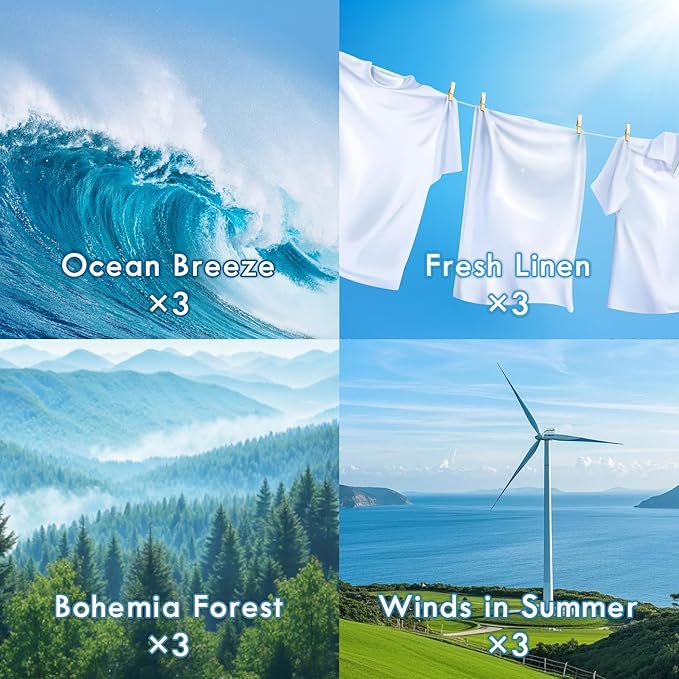 Plug In Refills Air Freshener, Sea Breeze, Fresh Linen, Bohemia Forest, Winds in summer, for Home, 7.92 Fl Oz, 12 Count, Compatible with Air Wick & Glade, Not Include Glade Plus