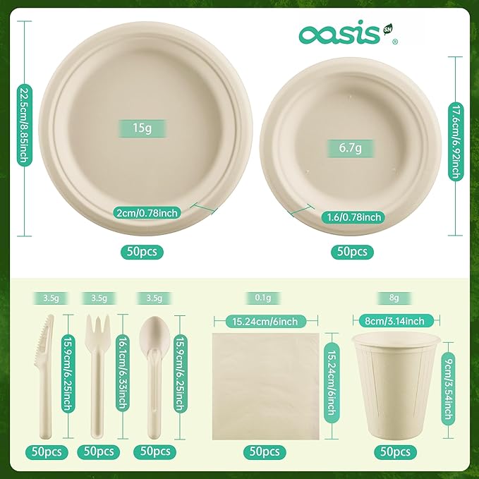 350PCS Disposable Paper Dinnerware Set for 50 Guests, Compostable Includes 50 Each 6" Dessert Plates, 9" Dinner Plates, Cups, Spoons, Forks, Knives and Napkins, Ideal for Parties (Natural)