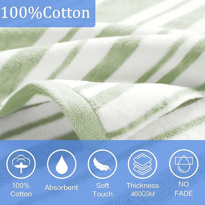 VOOVA & MOVAS Hooded Poncho Towel for Teens Unisex, 100% Cotton Ultra Soft Lightweight Beach Swim Bath Cover Up, Light Green Stripe