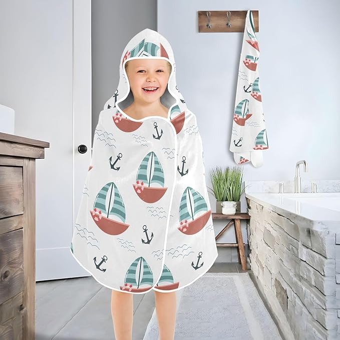 susiyo Kids Hooded Bath Towel Cute Boat Anchor Beach Towel for Kids 23.5 x 50 Inch Microfiber Soft Absorbent Quick Dry Bath Swim Pool Towel Wrap Poncho Bathrobe with Hood for Kids Toddler