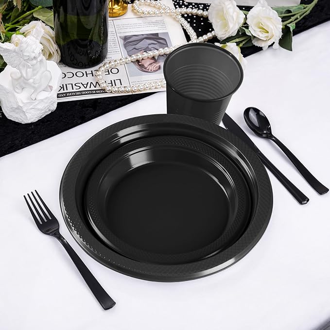 Black Plastic Plates, 25 Guest Disposable Dinnerware Set for New Year, Black Party Supplies, Includes 25 Dinner Plates, 25 Dessert plates, 25 plastic Cutlery, 25 Napkins and 25 12 oz Cups