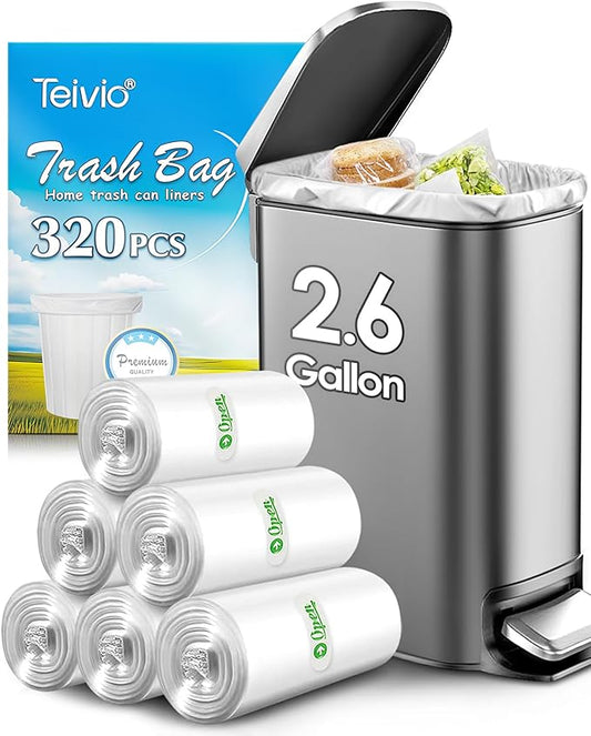 Teivio 2.6 Gallon 320 Counts Strong Trash Bags Garbage Bags, Bathroom Trash Can Bin Liners, Small Plastic Bags for Home Office Kitchen Kitchen (Clear)