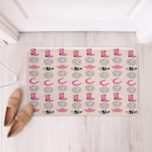 Western Cowgirl Kids Bath Mats,Cowgirl Hat Boot Disco Vintage Mats Rugs for Girls,Horseshoes Rustic Farmhouse Tribal Bath Carpets,Pink Fashion Bath Rugs,Absorbent Floor Mats,16Wx24L Inches