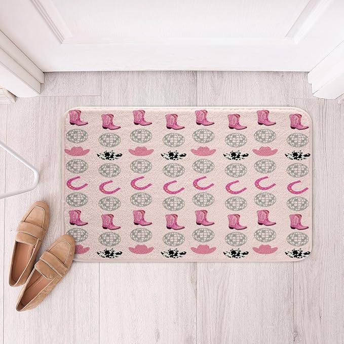 Western Cowgirl Kids Bath Mats,Cowgirl Hat Boot Disco Vintage Mats Rugs for Girls,Horseshoes Rustic Farmhouse Tribal Bath Carpets,Pink Fashion Bath Rugs,Absorbent Floor Mats,20Wx32L Inches