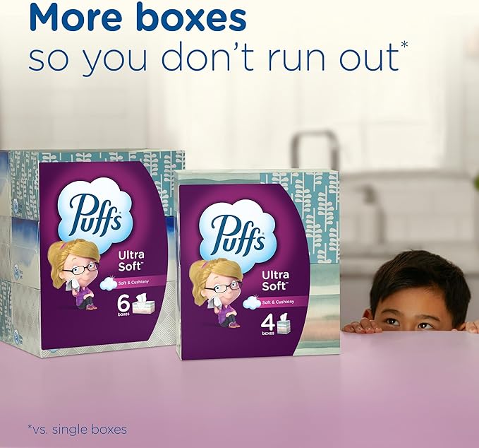 Puffs Ultra Soft Facial Tissues, 4 Family Size Boxes, 124 Facial Tissues per Box, Allergies and Colds