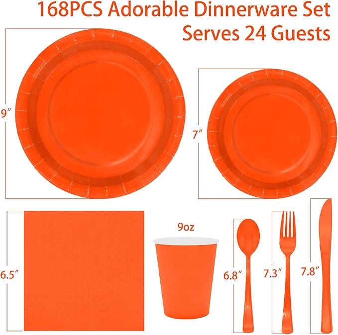 Orange Paper Plates Party Supplies,168pcs Orange Plates and Napkins Party Supplies for Halloween Thanksgiving Fall Orangee Birthday Decorations for Women Serve 24