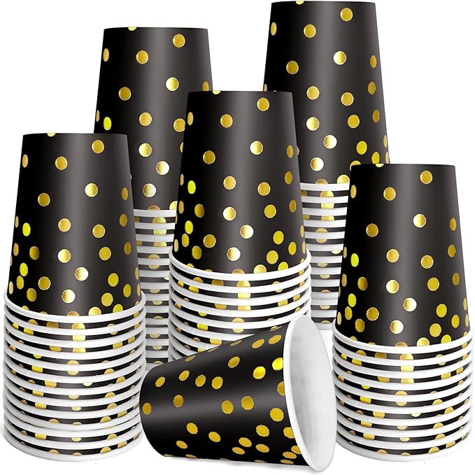 Black and Gold Paper Cups,9 oz Black Disposable Cups,Gold Foil Dot Paper Cups for Birthday Wedding Party Supplies(50 Pcs)