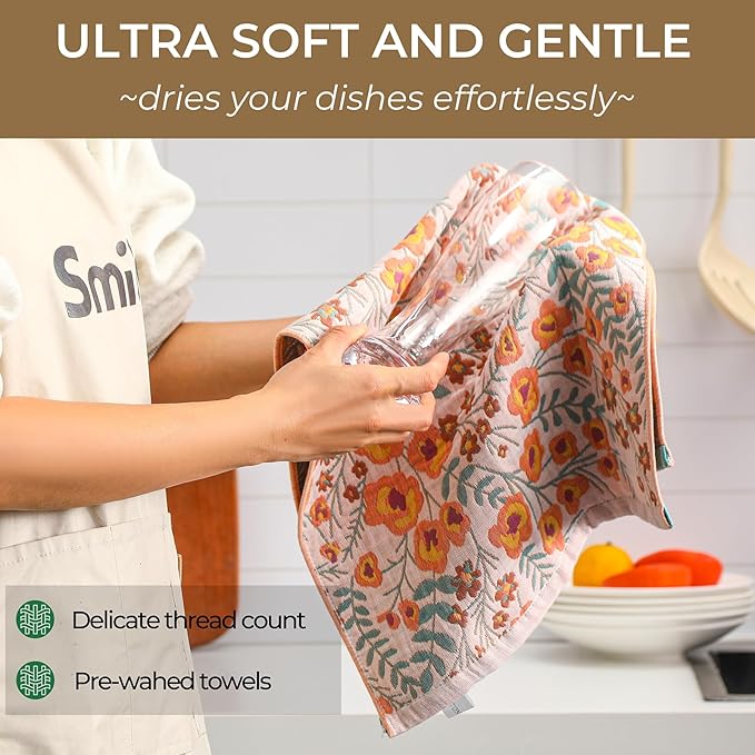 Kitchen Towels 100% Cotton Pack of 8, Highly Absorbent Quick Drying Super Soft Dish Towels for Kitchen with Hanging Loop Hand,Tea Towels 8 Pack,Floral Pattern- 16x15 Inch