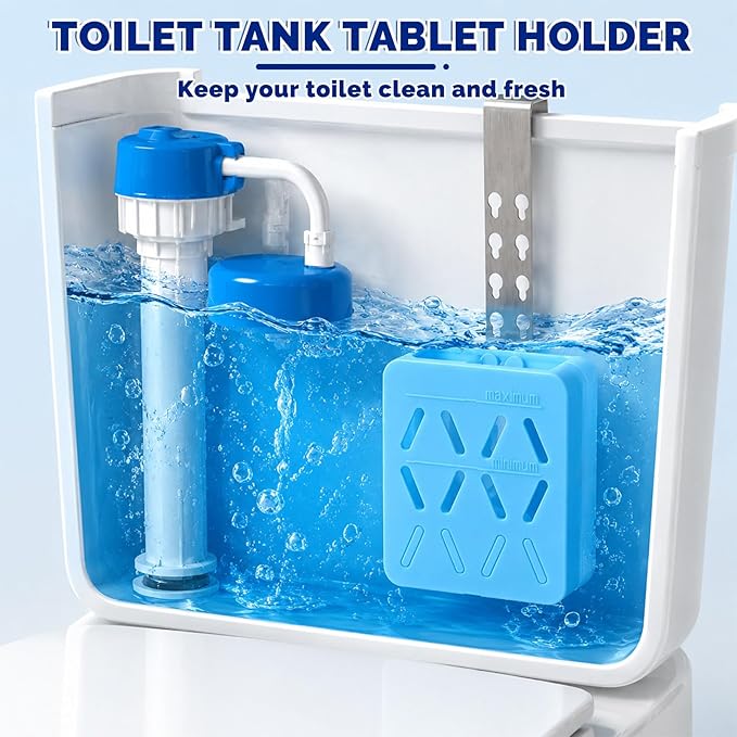 Toilet Tank Tablet Holder Adjustable 6 Levels, Silicone Toilet Cleaner Holder with Stainless Steel Hook, Hanging Bleach Tablet Holder, Prevents Flapper Jam, Universal Fit for Toilet Tank