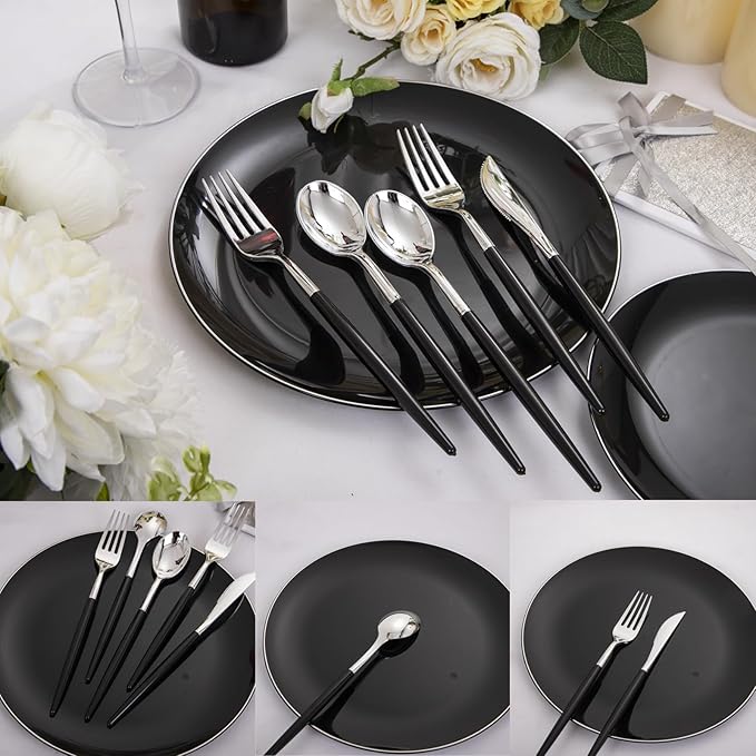 DaYammi 30 Guests Black Plastic Plates with Disposable Silverware,Silver Cutlery with Black Handle,Silver Disposable Dinnerware:60 Dinner/Dessert Plates,90 Plastic Silverware Set for Party Wedding