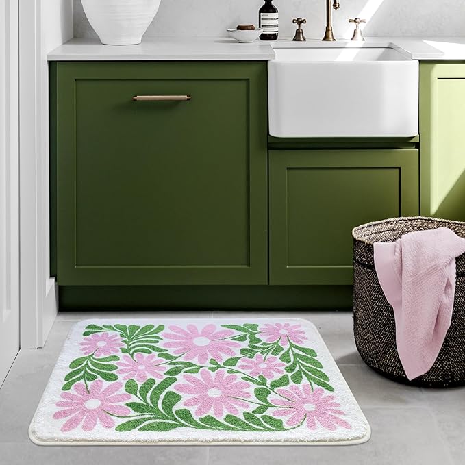SHIYUE Cute Flower Bath Mat for Bathroom Rugs, Ultra Soft and Fluffy Microfiber Water Absorption Non Slip Mat for Bedroom Kitchen Bathroom Toilet Floors(18"×26" Green Pink)