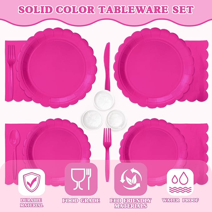 Vyntra 350 Pcs Hot Pink Disposable Paper Plates and Napkins Set for 50, 9" Dinner Plates & 7" Dessert Plates, Tableware for Birthday, Bachelorette, Party
