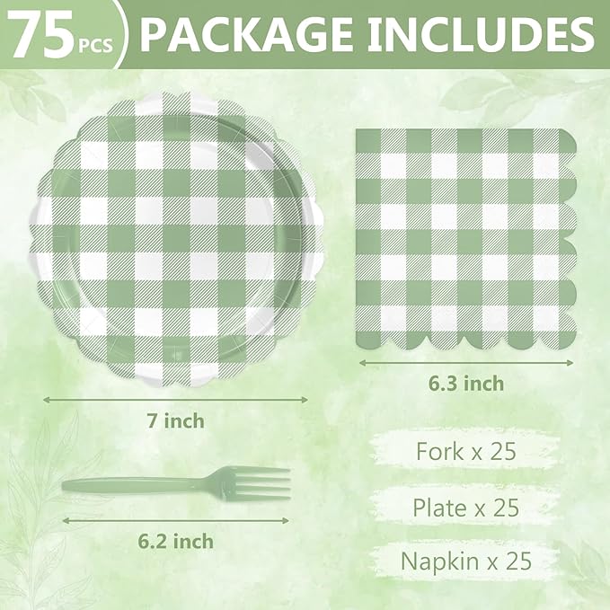 Mulbozy 75 Sage Green Gingham Plates and Napkins Disposable Set Includes 25 Dessert Cake Scalloped Plates, Cocktail Napkins & Forks, for Fork 25 Guests Holiday Party Supplies.