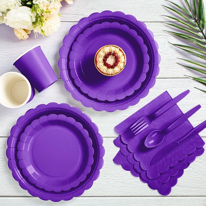 Vyntra 175 Pcs Deep Purple Disposable Paper Plates and Napkins Set for 25, 9" Dinner Plates & 7" Dessert Plates, Tableware for Birthday, Graduation, Party