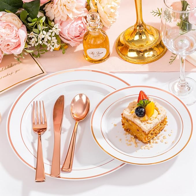 I00000 200 Pcs Rose Gold Plastic Plates, Disposable Party Plates Include 100 Gold Dinner Plate 10’’ and 100 Disposable Dessert Plate 7’’ Perfect for Party, Wedding & Birthday