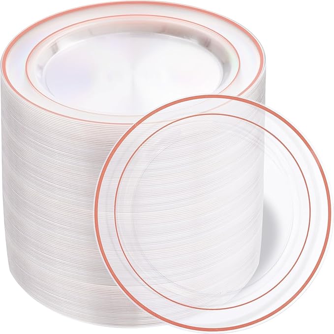 bUCLA 100PCS Clear Rose Gold Plastic Plates Disposable - Heavy Duty 6.25 Inch Clear Plastic Dessert Plates with Rose Gold Trim - Ideal for Party & Wedding