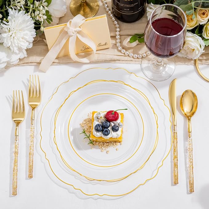 Liacere 150PCS Clear Gold Plastic Plates - Disposable Plastic Silverware with Glitter Bamboo Handle Cutlery-Baroque Clear Gold Disposable Plates for Wedding & Party & Mother's Day