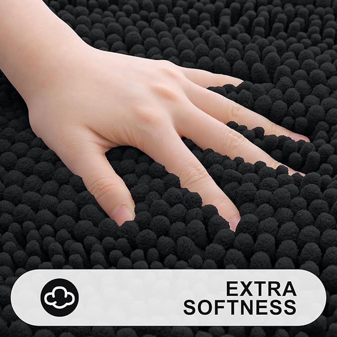 Grandaily Chenille Striped Bathroom Rugs 40x32, Extra Thick and Absorbent Bath Mats, Non-Slip Soft Plush Shaggy Shower Carpet, Machine Wash Dry, Bath Rug for Bathroom, Black