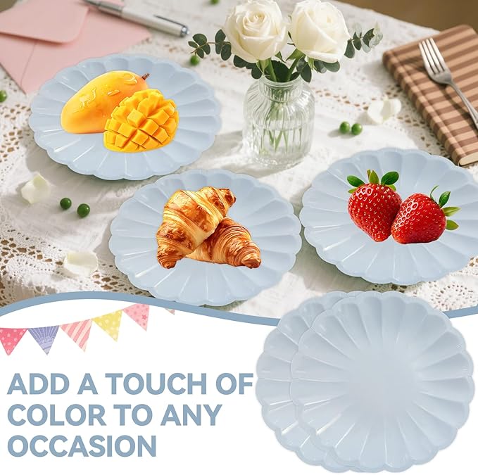 50Pcs Large Scalloped Light Blue Paper Plates 9Inch Shell Edge Dinner Plates for Cake Salad Fruit Disposable Dinner Serving Plates for Birthday Wedding Baby Shower Party Decorations