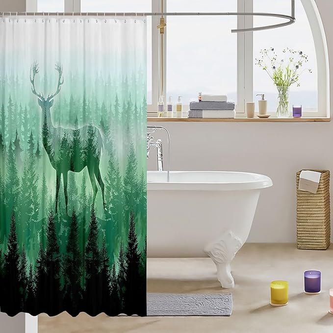 Deer Bath Curtain Kids Botanical Forest Shower Curtain Boys Girls Decor Deer Hunting Bathroom Shower Curtain Set Polyester Farmhouse Wild Animal Green Kids Bathroom Accessories Quilt Cover 72"x72"