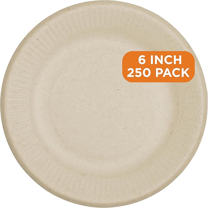World Centric Compostable Plates 6" - Unbleached Plant Fiber. Grease Resistant - 250 Pack