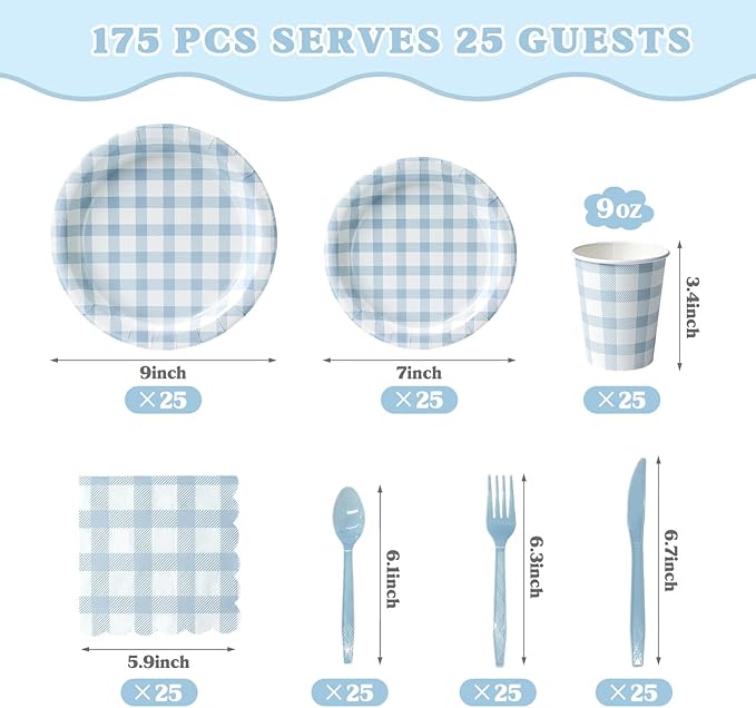 Vyntra 175 Pcs Blue & White Checkered Gingham Paper Plates and Napkins Set for 25, 9" Dinner Plates & 7" Dessert Plate, Baby Boy Shower Birthday Party