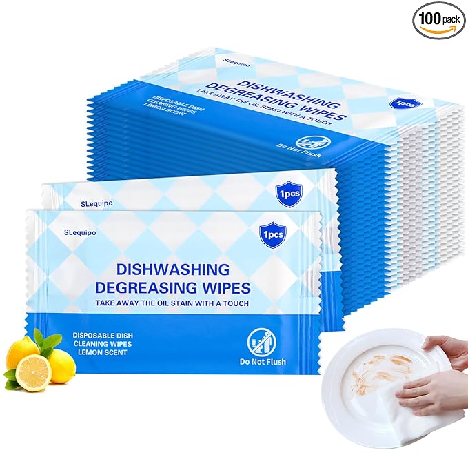 100 Pcs Dish Cleaning Wipes Individually Wrapped - Portable Travel Dish Soap Wipes, Lemon Scent