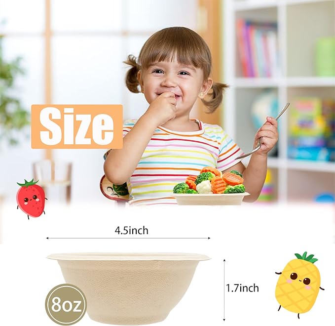 100 Pack 8oz Compostable Paper Bowls,Heavy-Duty Disposable Natural Bagasse Bowls,Biodegradable Soup Bowls,Eco-Friendly,Heat Resistant,for Ice Cream,Salad,Soup,Snack,Dessert,Pasta,Hot or Cold Use