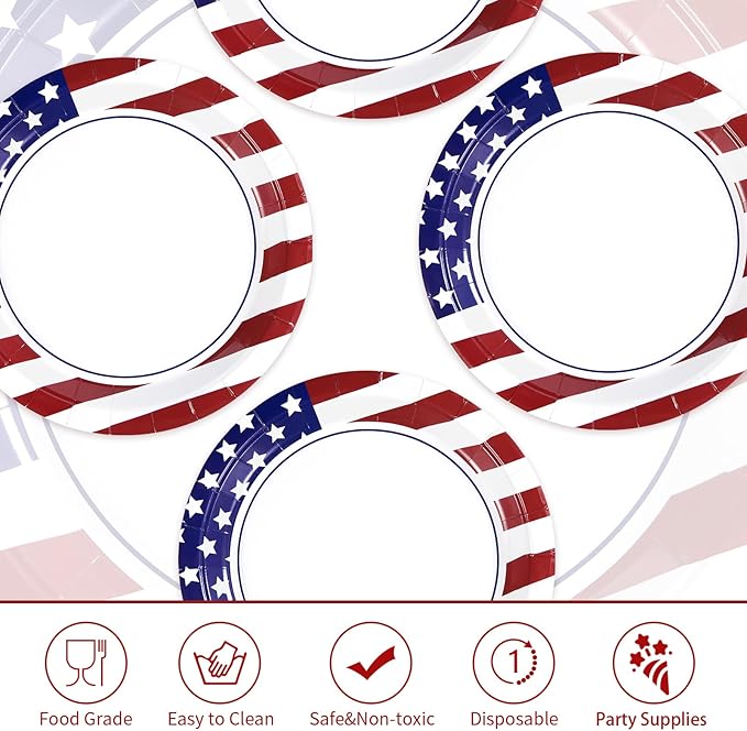 50Pcs 250th Anniversary Patriotic Round Paper Plates 10" Large Heavy Duty Disposable American Flag Red Blue White Dessert Plates 4th of July Dinner Plate for President Election Memorial Day Supplies