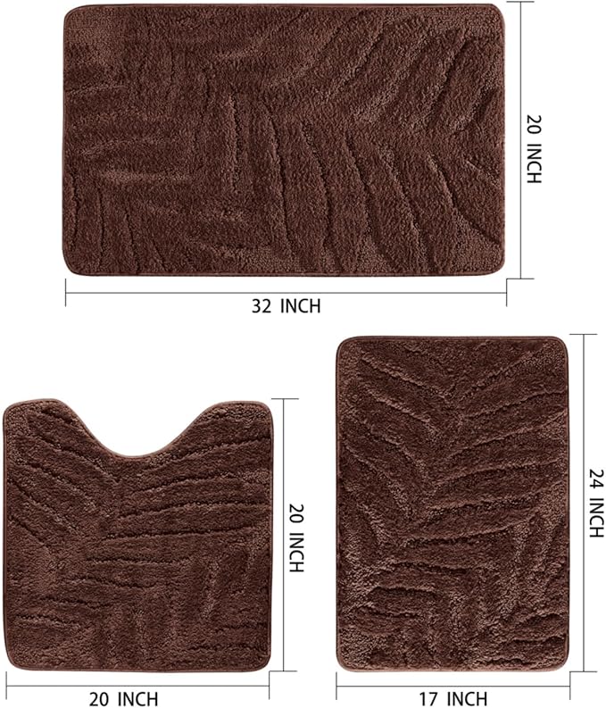 Bath Rugs Set 3 Pieces Bathroom Mat Soft Absorbent Plush Shaggy Soft Floor Non Slip Shower Bath Tub Machine Washable (Cocoa-Leaf, 20"x32"/20"x20"/17"x24")