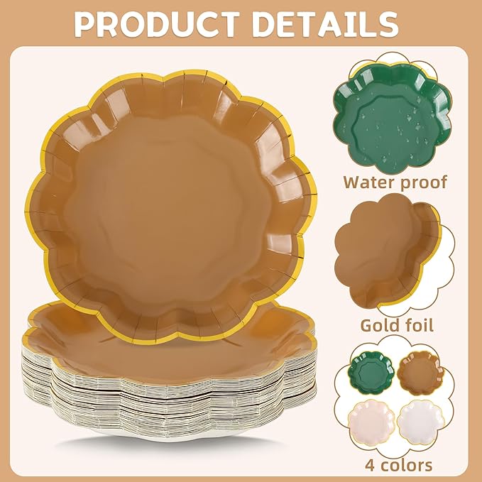 AimFun 48Pcs Woodland Scalloped Party Plates 7 Inch Sage Green Brown Disposable Dessert Plates Gold Foil Border Paper Plates for Birthday Baby Shower Wedding Forest Themed Party Supplies