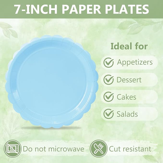 Mulbozy 75 Light Blue Plates and Napkins Disposable Set Includes 25 Dessert Cake Scalloped Plates, Cocktail Napkins & Forks, for Fork 25 Guests Holiday Party Supplies.