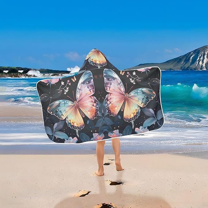 Hooded Towel for Kids Colored Butterfly Surrounded by Floating Spring Leaves Beach Wrap Bath Towels 50x23.5in