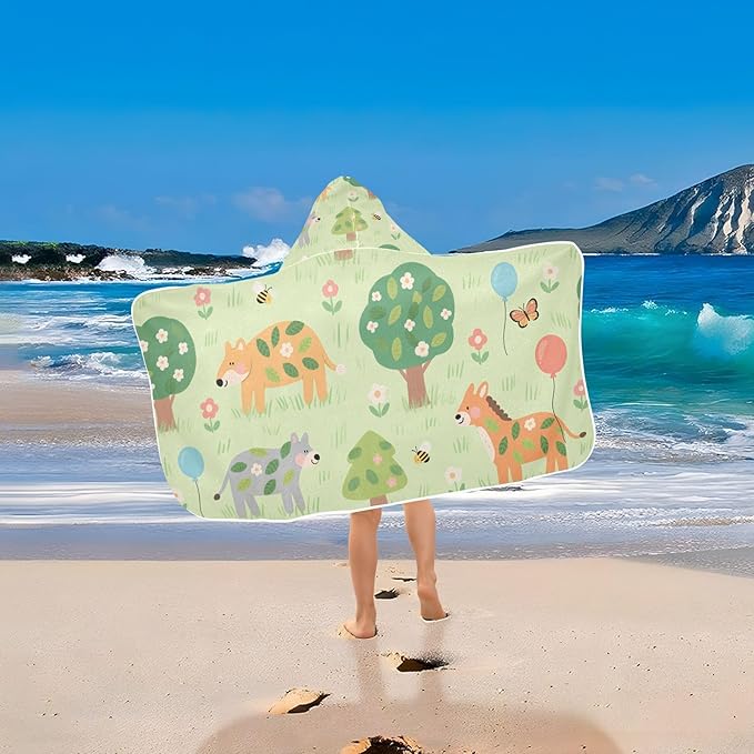 Kids Beach Towels Cartoon Zoo Green Hooded Towels for Kids Quick Dry Bath Towel with Hood