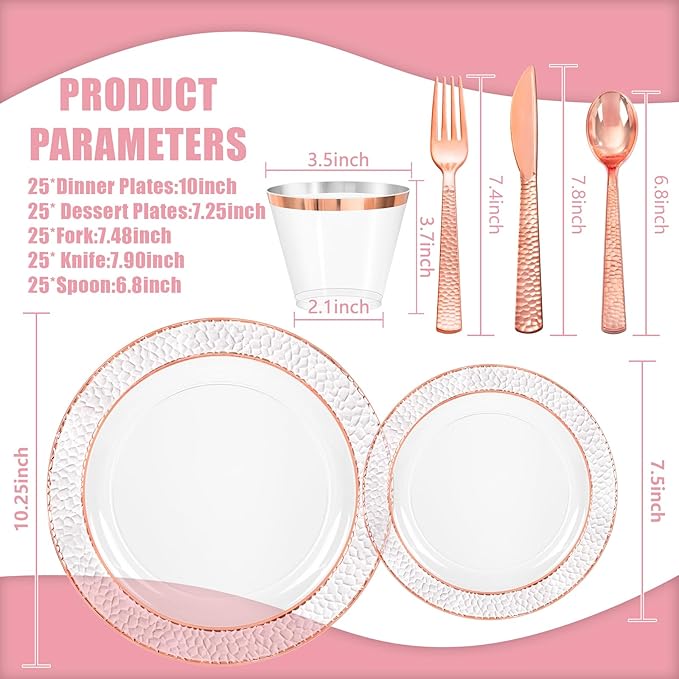 Ciaell 150PCS Rose Gold Plastic Plates – Disposable Plates with Rose Gold Plastic Silverware include 50Plates, 25Forks, 25Knives, 25Spoons, 25Cups for Wedding & Party