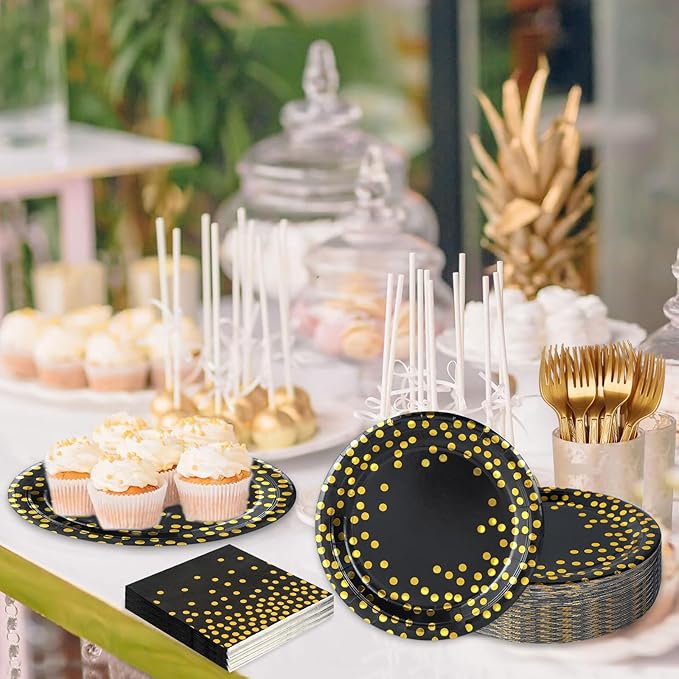 75PCS Black and Gold Paper Plates and Napkins Party Supplies,Serves 25 Guests Black Gold Plates and Napkins,Disposable Paper Tableware Set for Birthday Graduation Retirement Decorations