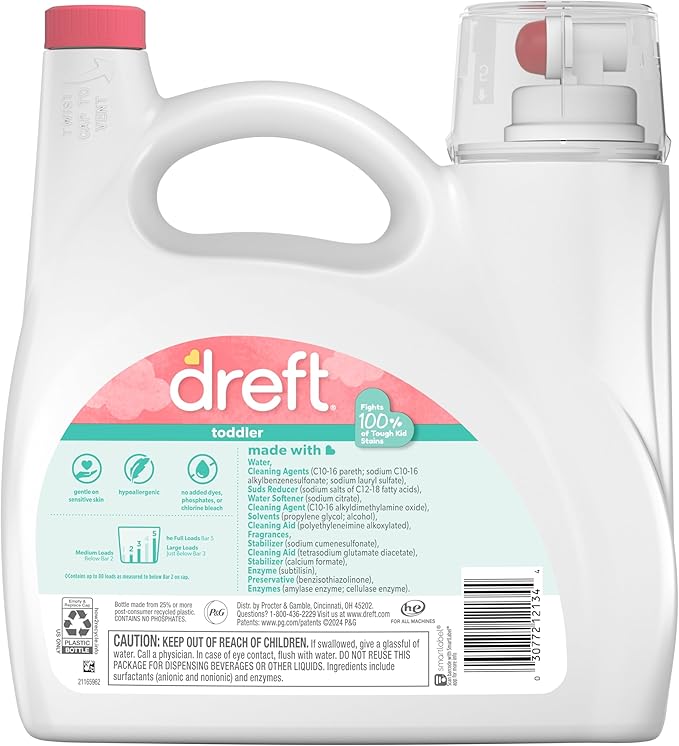 Dreft Toddler Liquid Laundry Detergent, Fights Stains, Removes Odors, 80 loads, 105 fl oz