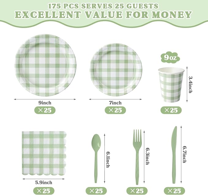 Vyntra 175 Pcs Sage Green & White Checkered Gingham Paper Plates and Napkins Set for 25, 9" Dinner Plates & 7" Dessert Plate, Bridal Shower Garden Party Birthday Party