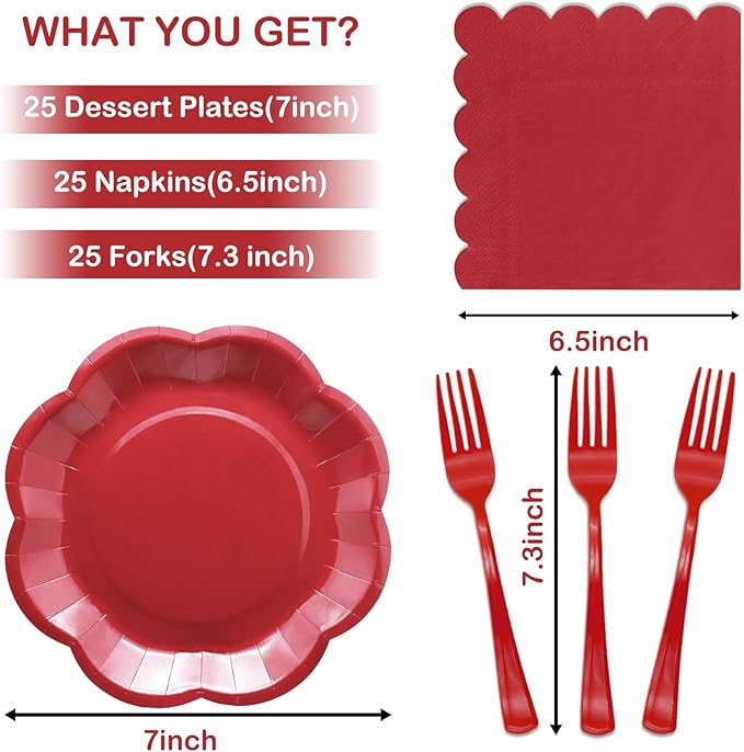Red Paper Plates and Napkins Sets Party Supplies includes 7 inch Red Plates Disposable Scalloped Paper Napkins Plastic Forks for Birthday Cake Desserts Wedding Shower Valentines Party