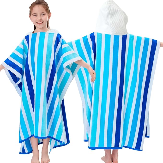 VOOVA & MOVAS Hooded Poncho Towel for Teens Unisex 100% Cotton Fresh Airy Beach Swim Bath Cover Up Blue Two Tone Stripe